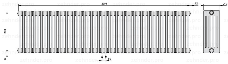 Схема (чертеж) Радиатор Zehnder Charleston 6110/48 №3470 Белый глянцевый RAL 9016